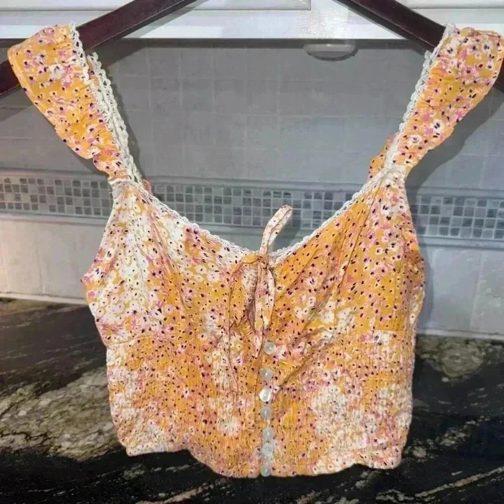 NWT!! Sim & Sam Ruffle Boho Crop Top Tank Size Small! Orange & Cream Floral